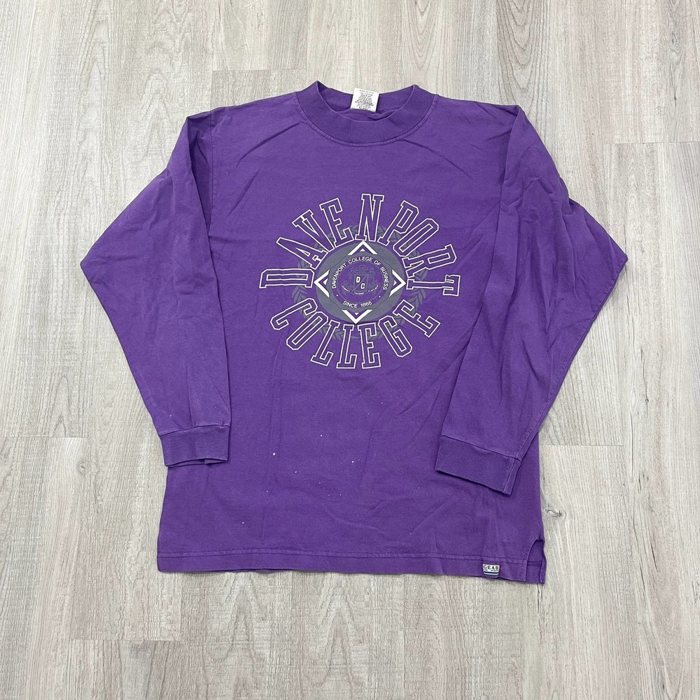 VINTAGE 90s Davenport College of Business Long Sleeve Shirt Size Large L Purple